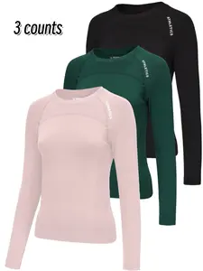 Women's Sporty Slim-Fit Long Sleeve T-Shirt Set, Spring & Fall Outdoor Fitness Running Tops, Comfortable Knitted Elastane Fabric