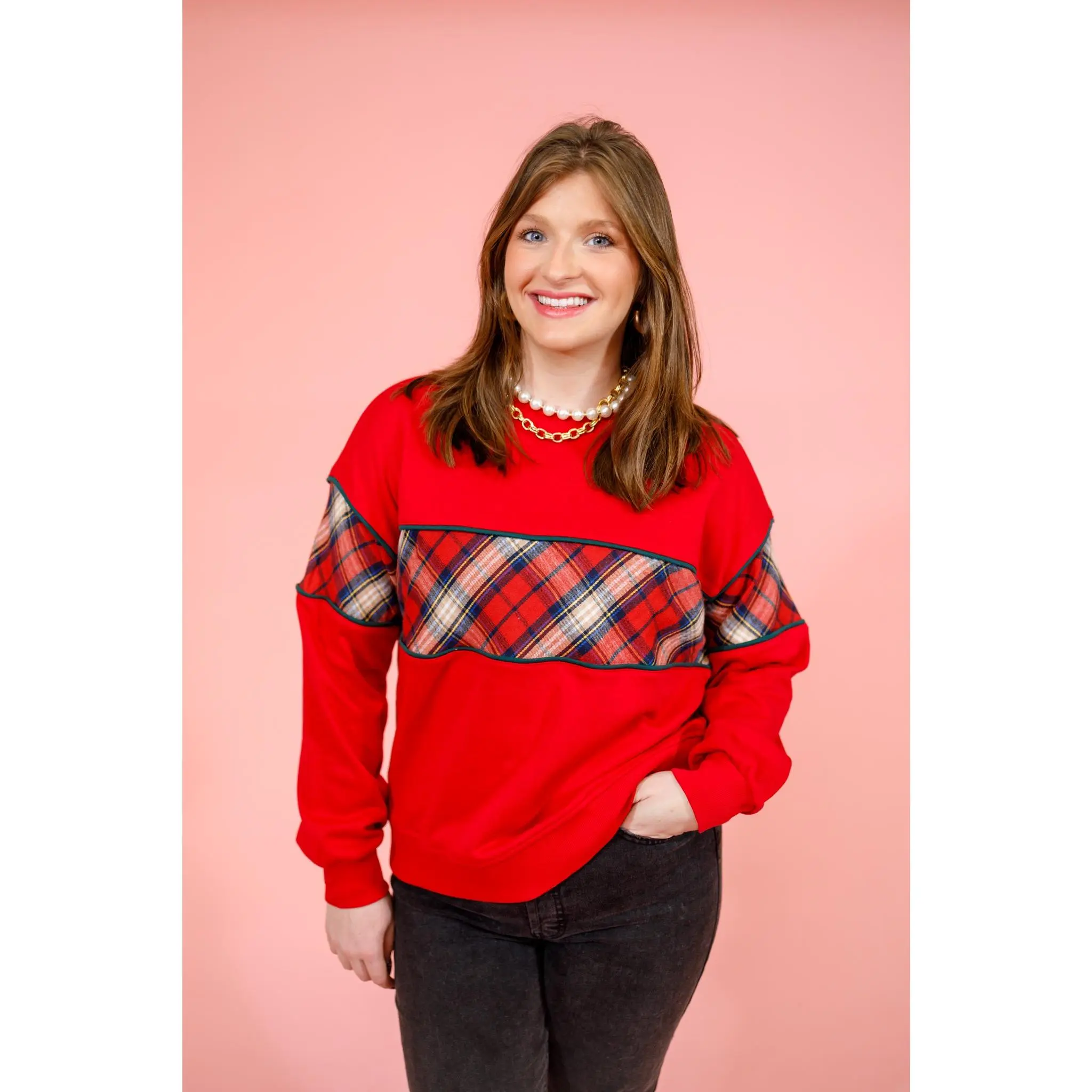 Red and Plaid Color Block Sweater