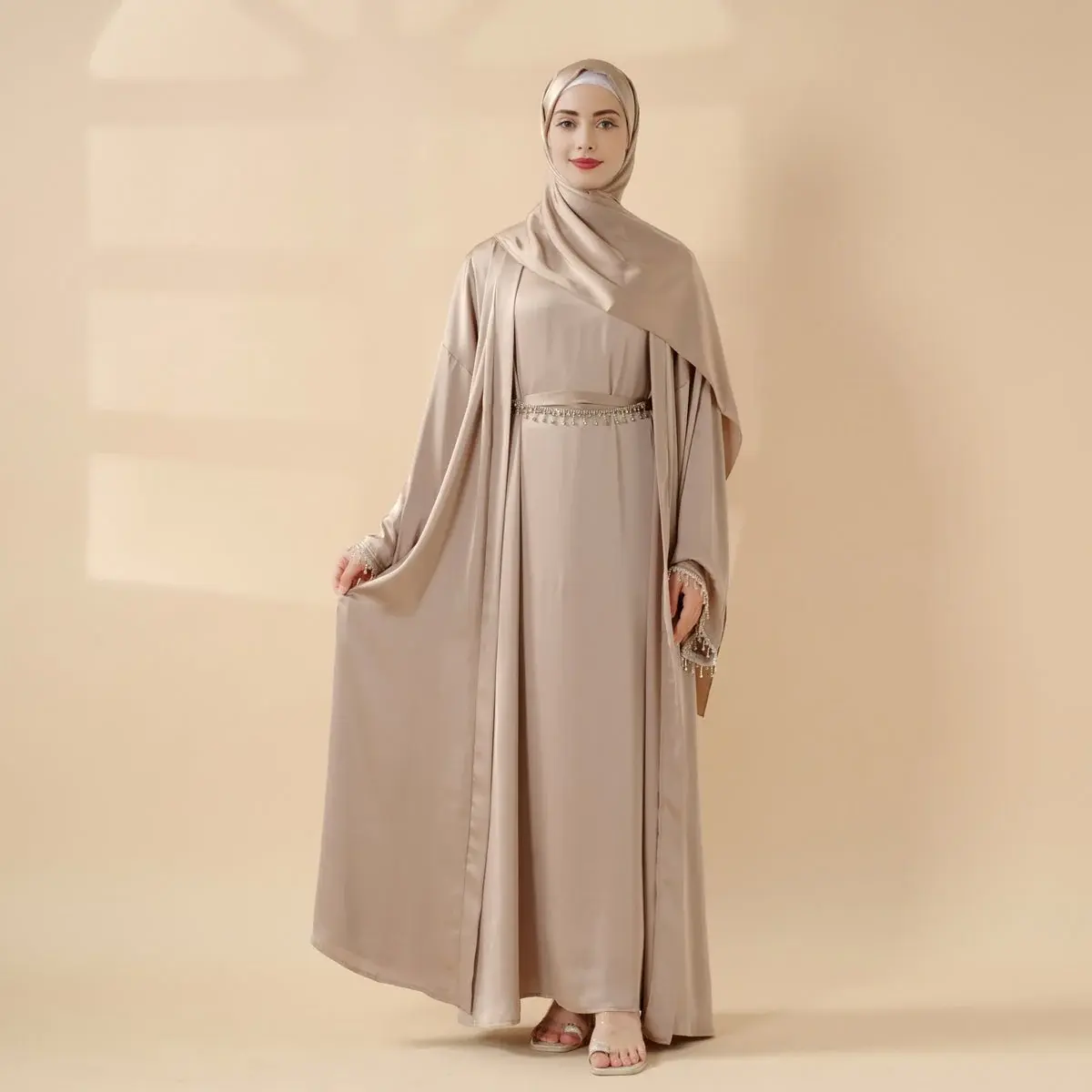 4-Piece Abaya Set: Satin Diamond Tassel Abaya Set (MOA010) - Women Summer Elegant Dress traditional clothes festive wear modestfits modestwear muslimah  Eid & Parties! Luxurious, modest, and perfect for any occasion. #ModestFashion Luxury Satin Abaya Set