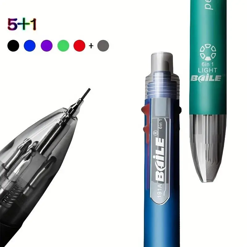 6 in 1 Ballpoint Pen, 1 Count 5 Colors Ball Pen & 1 Count Automatic Pencil with Eraser, Multifunctional Writing Tool College Student Pen Smooth Writing Pens for Office School Student Office Stationery Supplies
