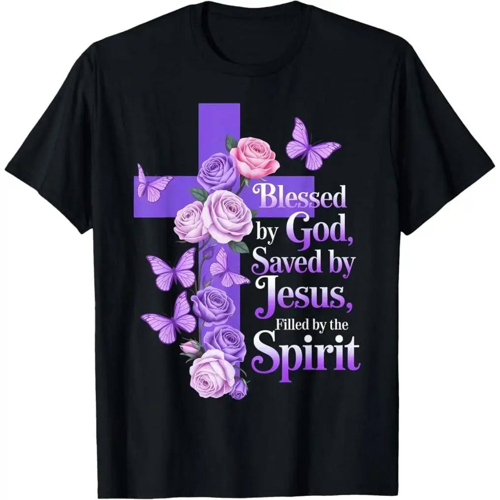 Blessed by God Saved by Jesus Butterfly Cross Christian T-Shirt Cotton Tee