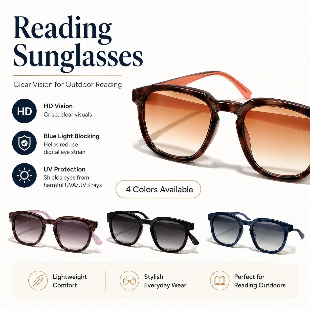 2-in-1 Sunglasses Reading Glasses for Men & Women, HD UV400 Sun Readers with Blue Light Blocking, Lightweight Fashion Tinted Readers for Outdoor Reading, Driving, Beach, Menus & Phone Screens