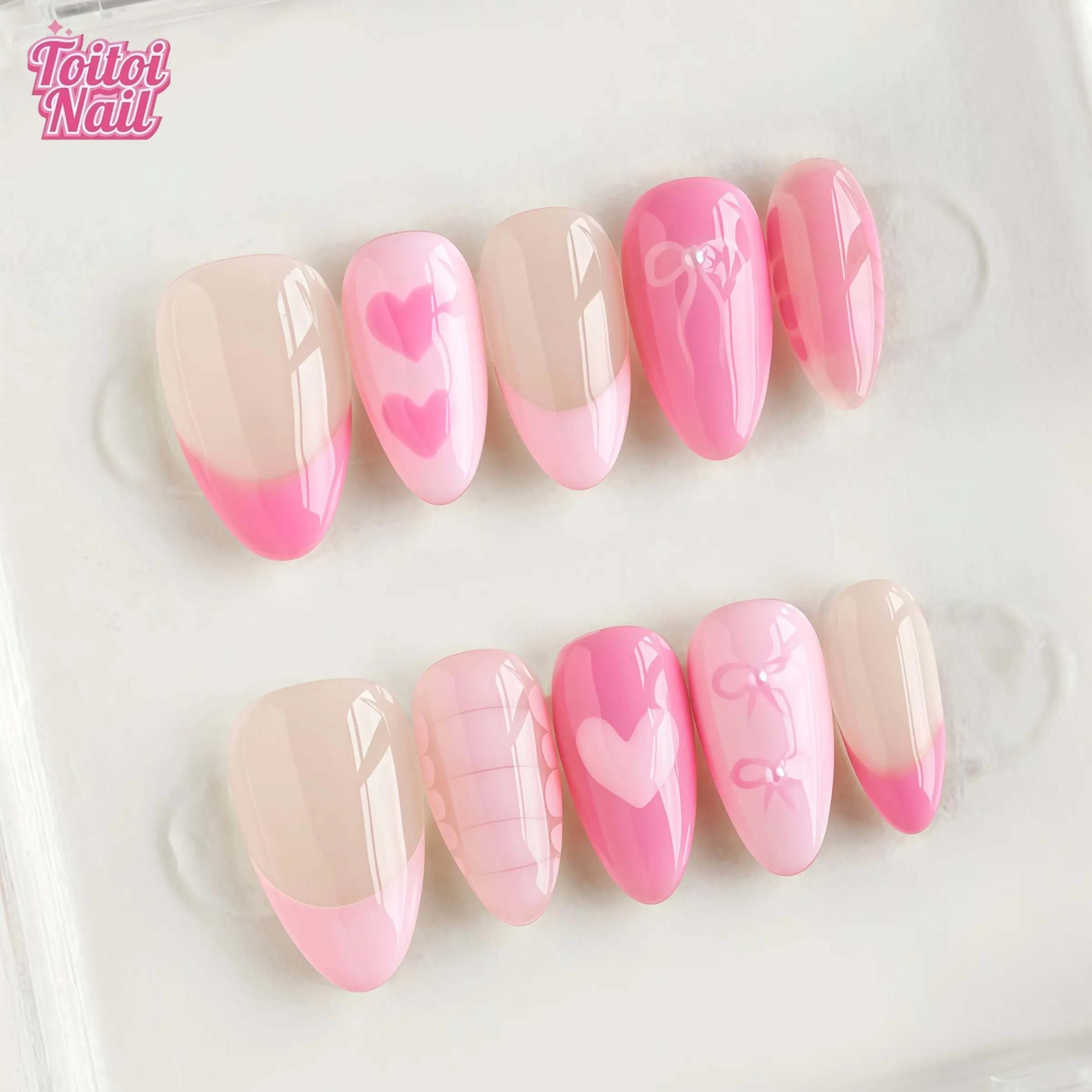 Pink Bow Handmade Press-On Nails, Medium Almond Shape, 10pcs, Handmade Press Ons, Sweet Pink Bow Design, Sheer Nude Base & Bow & High Gloss Accents, Reusable DIY Nail Kit for Women, Nail Art Supplies, Trendy Nails for Spring