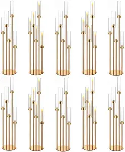 42.5in Gold Candelabra Centerpieces for Tables Candlestick Holders Decor Wedding Centerpiece Table Decorations 5 arm Candle Holder Set of 10 Acrylic lampshade Fit 0.9" LED