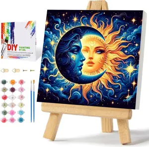 Framed  by Numbers Kit for Adults Beginners &  Ages 8-12, Sun and Moon  Easy  by Number with Frame, Watercolor Painting by Number Kits on Canvas Framed (8 * 8 Inch, without Easel)
