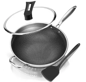 Wok Pan With lid Hybrid Nonstick 12.5Inch Honeycomb work With Handle Woks & Stir-Fry Pans Nonstick PFOA Free Cookware Suitable for Induction Ceramic Electric and Gas Cooktops