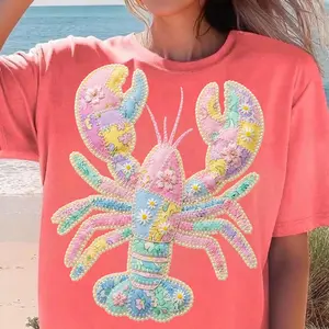 Patchwork Lobster Shirt, Coastal Summer Shirt, Floral Quilted Graphic, Faux Embroidered Ocean Design, Cottagecore Vacation Tee