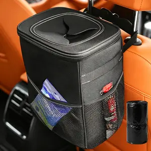 【FathersDayGift】Leakproof Waterproof Car Trash Can with Lid, Hanging Design Auto Garbage Bin with Side Storage Pockets, Small Portable Dustbin Container for Car SUV Truck RV, Home Office Use
