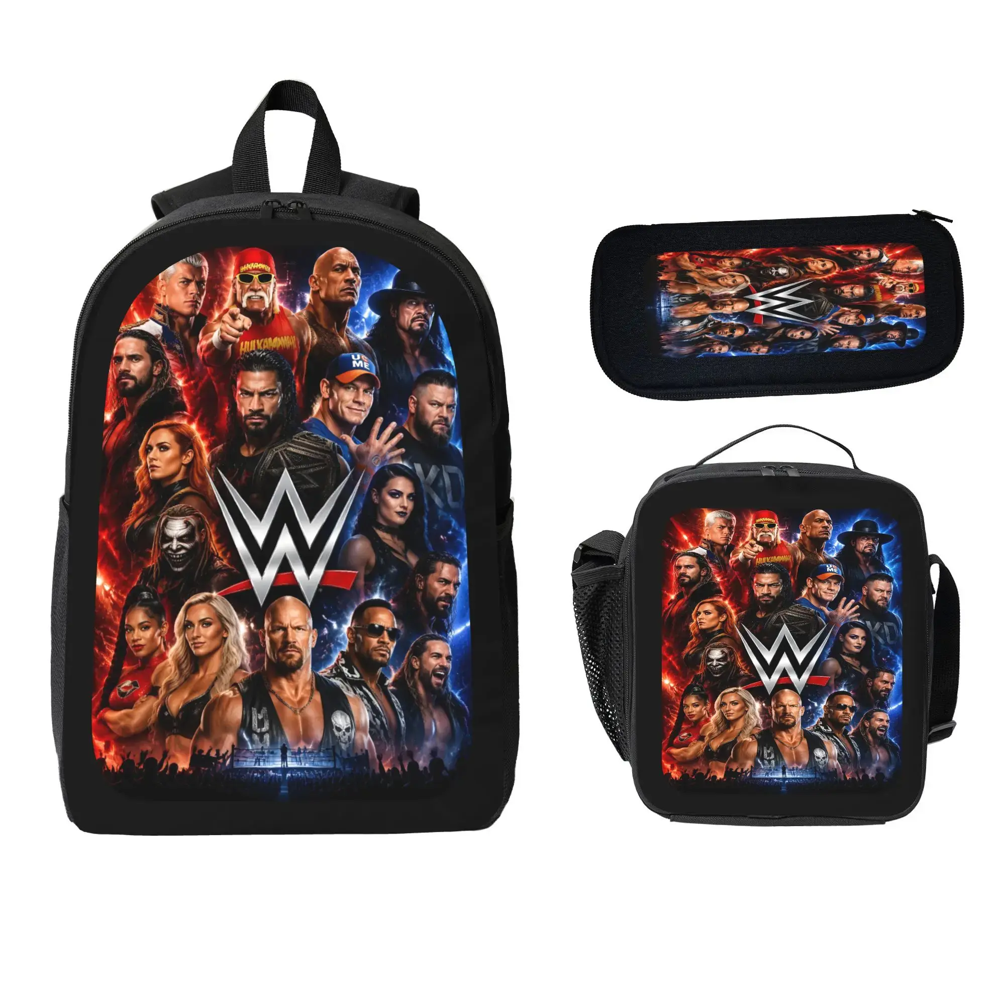 WWE American Undertaker 3-Piece Backpack Set, Wrestling Legend-Inspired Large Capacity Bag with Lunch Bag, Pencil Case, Ergonomic Shoulder Straps, Lightweight, No Wheels, Strong Visual Identity for Students, Street Style Travel Gift Geek Bag Book Sack