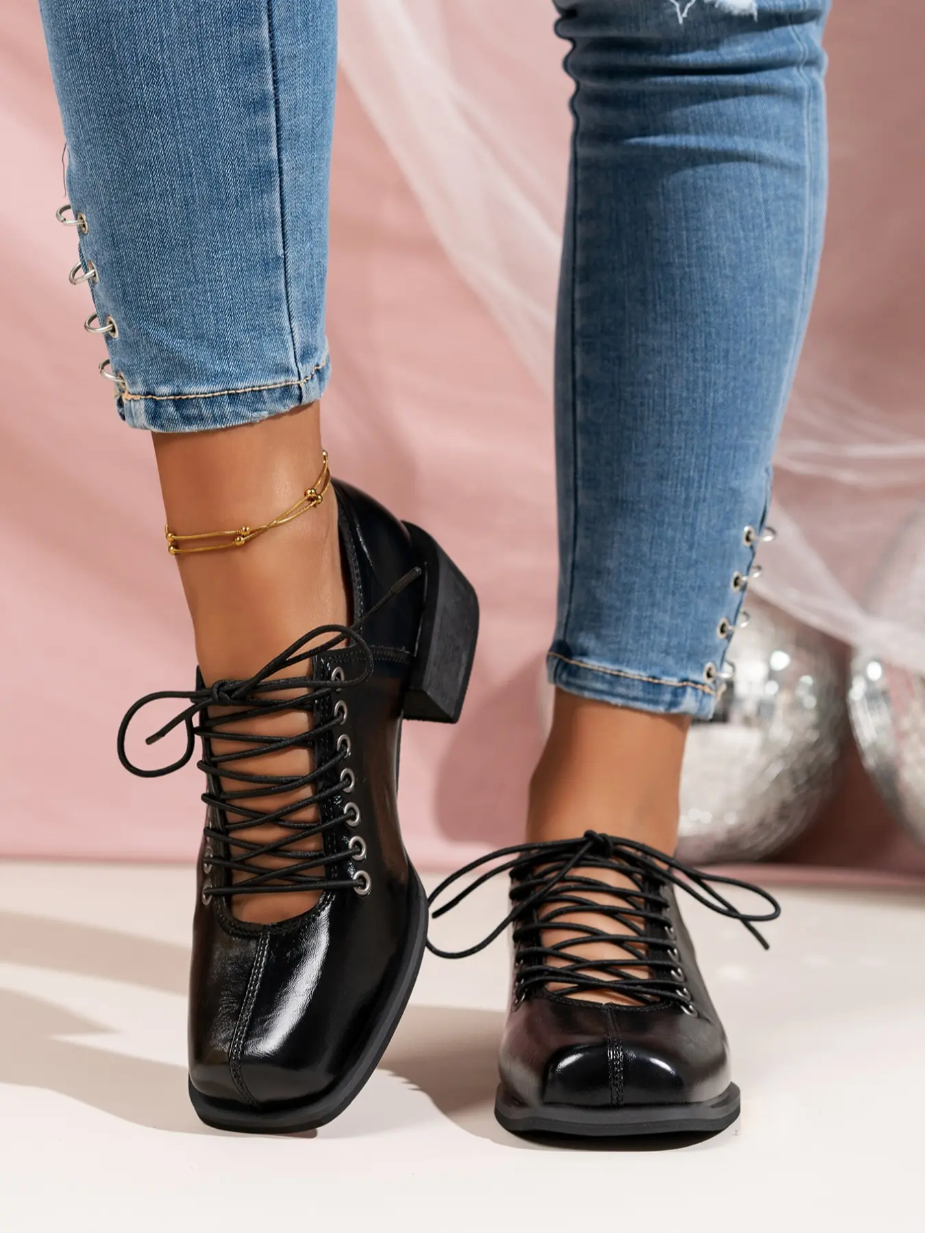 Fashion Campus Style High Heel Lace Single Shoe for Women, Casual All Season Shoes, Business Style Footwear, Plain Square Toe Chunky Thick Sole, Preppy PU Material