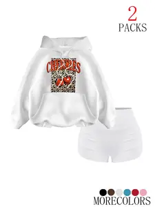 Women's Fashion Leopard Print Cherry Letter Knit Hoodie Set, Casual Loose-Fit Drawstring Sweatshirt & Shorts, Fall Winter Retro Style, Top