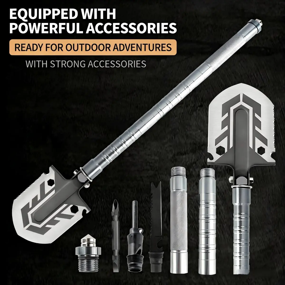 11-in-1 Multifunctional Outdoor Folding Shovel, Portable Camping Emergency Tool with Compass, Whistle, Glass Breaker, Extension Pole for Camping Use