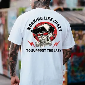 Gildan Men's Graphic Short-Sleeve Cotton T-Shirt - "Working Like Crazy to Support the Lazy" Skull Print, Casual Streetwear Tops, Lightweight Medium Length Menswear Tshirt