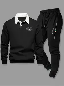 Men's Fall Winter Letter Graphic Pattern Sweatshirt Set, Aesthetic Outdoor Hoodie & Drawstring Pants, Long Sleeve Fitted Polo Top, 2 Piece Pack, Casual Fashion Set