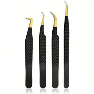Stainless Steel Eyelash Tweezers Set (4-Piece) - Diamond Grip, Fiber Tip, Professional Black Tweezers for Eyelash Extensions
