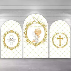 Baptism Arch Covers Stretchy Backdrop, Gold Cross Pigeon Angel Baby Design, Perfect for Baby Shower First Holy Communion Party Photography Backdrop
