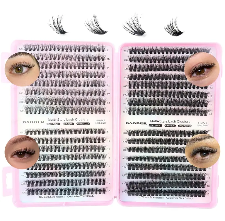DAODER Cluster Lashes Natural Look 640pcs Wispy Lash Clusters 9-13mm Short Eyelash Extension With 30D+40D+50D+60D Mixed Lash Book D Curl Natural Lash Extension (30D+40D+50D+60D 9-13MM)