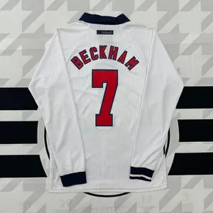 1998 World Cup England Red and White Home No. 7 David Beckham Long Sleeve Soccer Jersey Quick Drying