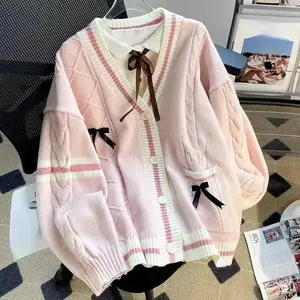Sweet Bow Knitted Cardigans Y2k Aesthetic All Match Contrast Color Coats Fashion Single Breasted Women Kawaii JK Sweaters Jumper