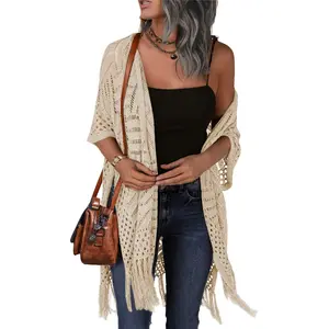 HOTOUCH Women’s Knit Cardigan Open Front Outwear Hollow Out Crochet Tassel Lightweight Casual Loose Fit Beach Cover Up Outdoorfun Summer Outfit Vacation