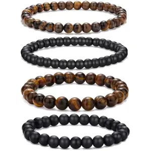 Mens Bead Bracelet Set - Adjustable Elastic Rope With 6&8MM Natural Stone Multi-Colored Beads - Tiger Eye Bracelets for Men - Gift