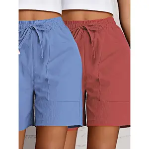 2 Pieces Of Solid Color Cargo Pants, Stylish Casual Shorts, Multiple Pockets, Breathable, Lightweight, Women'S Casual Clothing For Spring And Summer