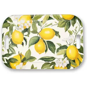Rectangular Plastic Serving Trays with Handles 14.5 x 9.8 Inch - Ideal Serving Tray for Restaurant Kitchen, Lemon Leaves Pattern