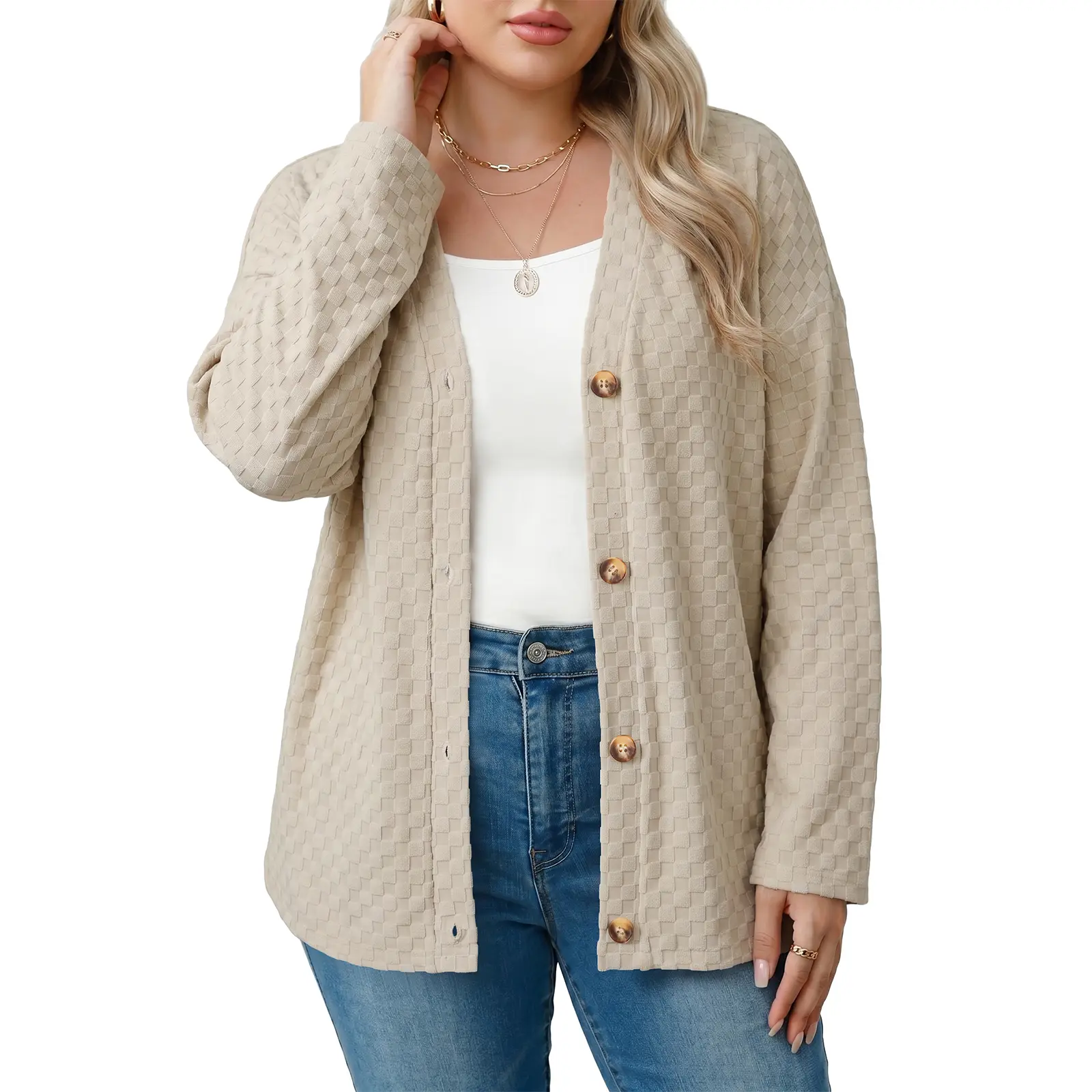 Eytino Womens Plus Size Checkered Brushed V Neck Button Front Loose Cozy Sweater Cardigan (1X-5X)