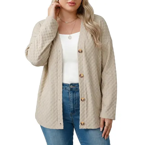 Eytino Womens Plus Size Checkered Brushed V Neck Button Front Loose Cozy Sweater Cardigan (1X-5X) Long Sleeve Knitwear
