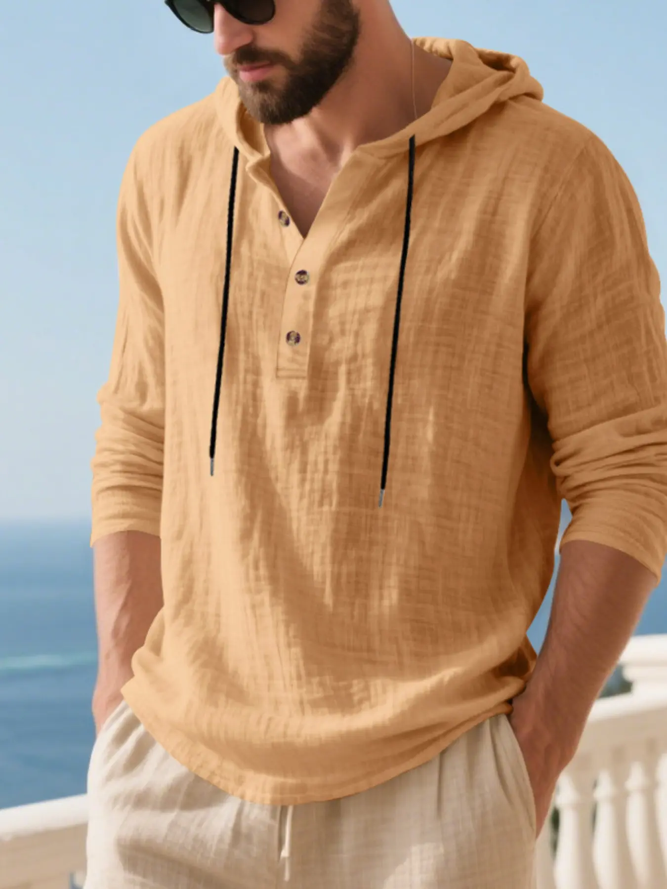 Men's 8 Colors Linen Hooded Henley Shirt, Drawstring Hoodie Long Sleeve Button Down Casual Tops, Lightweight Breathable Summer Beach Vacation Beachy Hoodie Pullover, Casual Hoodie Pullovers