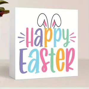 Easter Themed Bunny Ears Pattern Decorative Sign, Happy Easter Holiday Creative Tabletop Decor, Home Decor for Living Room, Bedroom, Office Decor, Ornaments