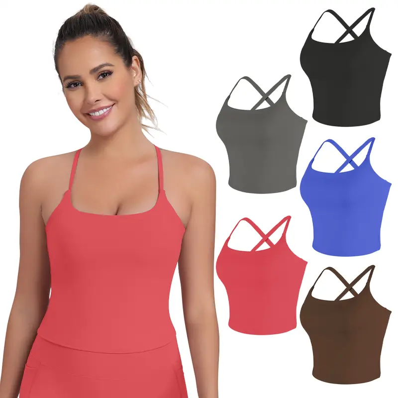 Women's Adjustable Strap Built-in Bra Tank Tops, Cross Back & Spaghetti Strap Design, Scoop Neck Longline Sports Bra with Removable Pads, Soft Stretch Fabric Yoga Workout Activewear