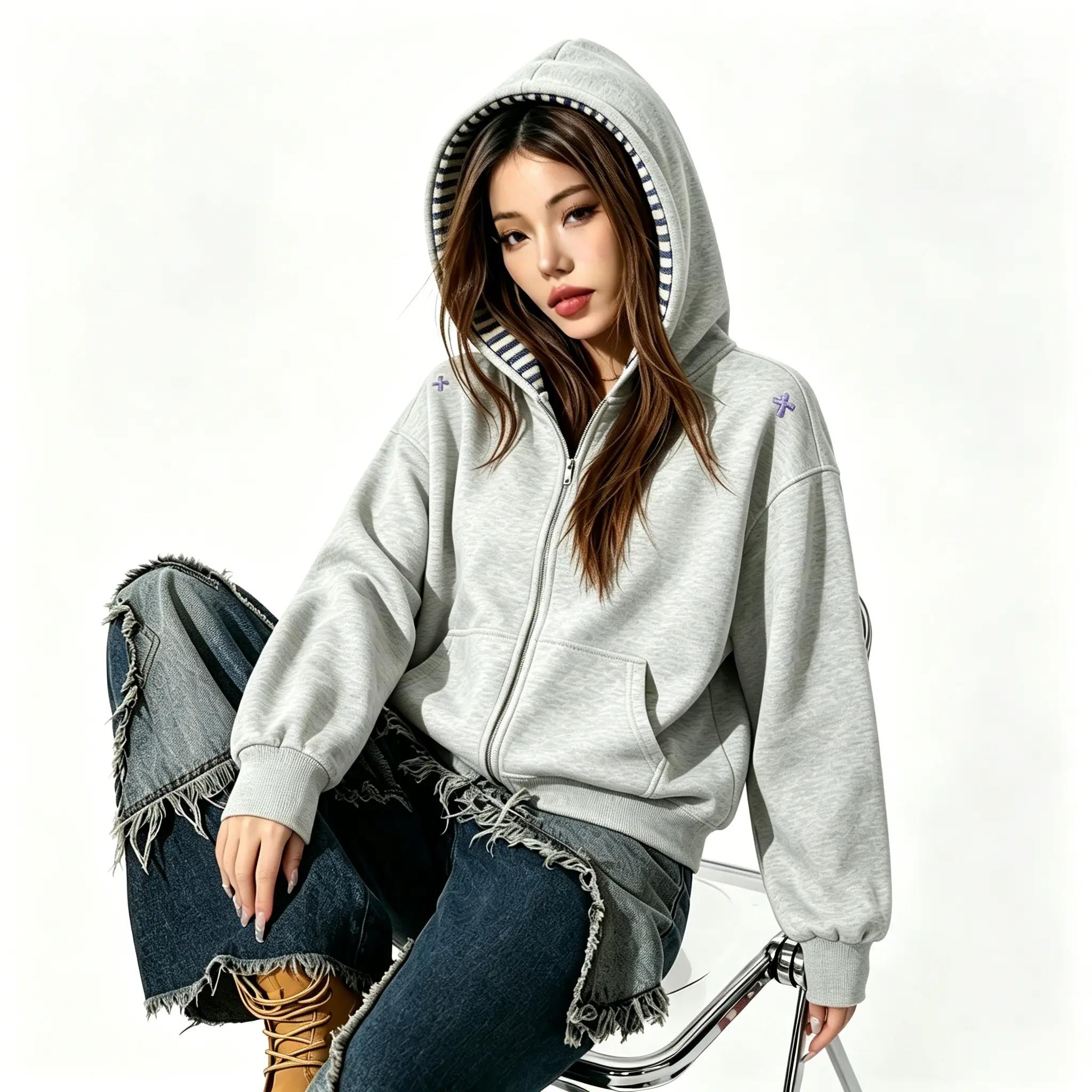 Minimalist Striped Zip-Up Hoodie, Women's Oversized Sweatshirt with Cross Embroidery, Lined Everyday Streetwear Tops for Autumn Outfits, Sweatshirts