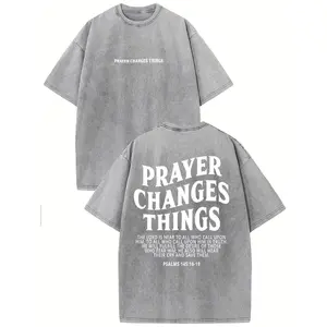 Prayer Changes Everything Vintage Washed High-Quality Patterned T-Shirt Men's T-Shirt Vintage Summer Clothing Drop Shoulder Sleeves Round Neck Top Short Sleeve