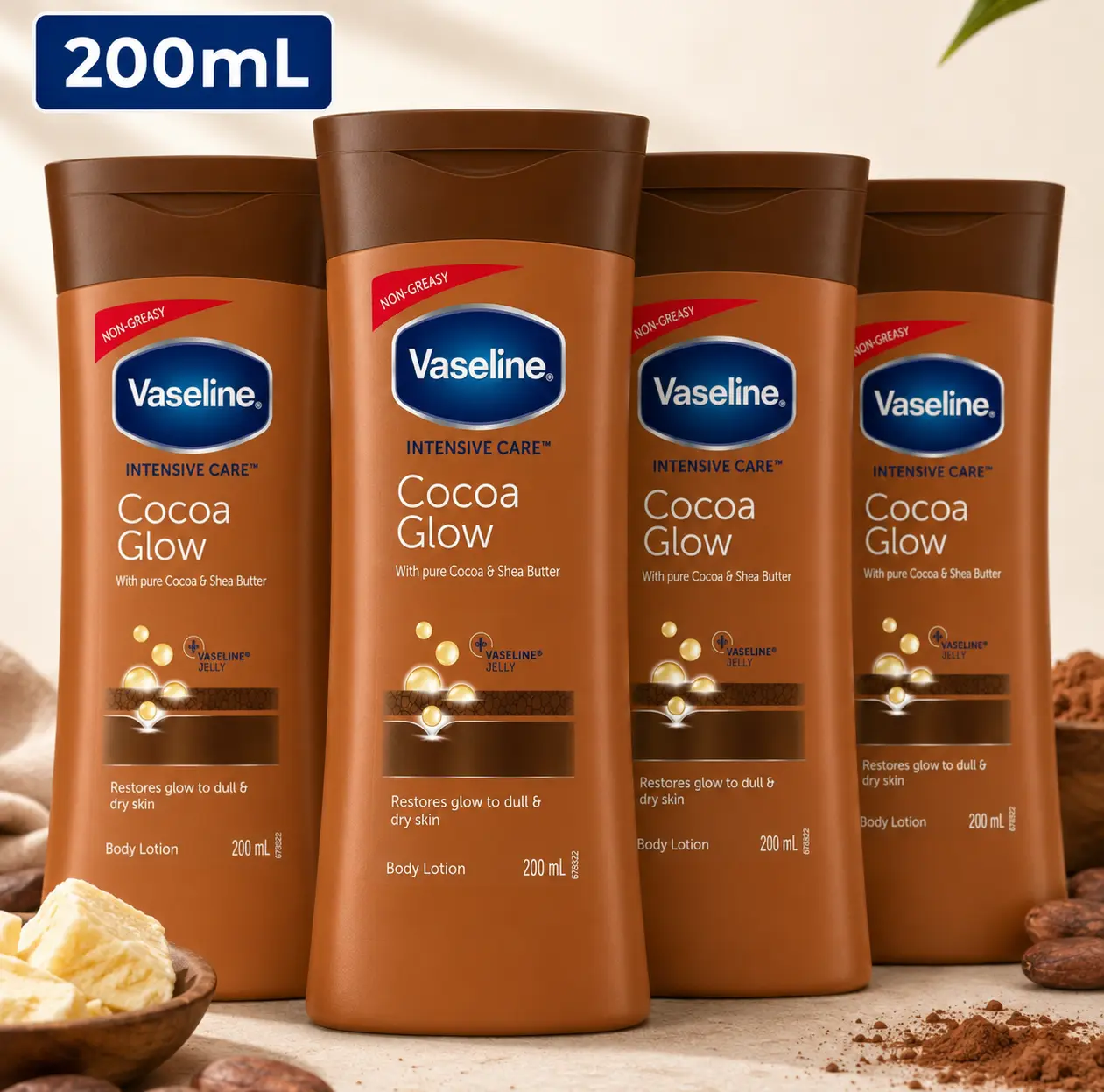 Vaseline Cocoa Glow Body Lotion for Deep Hydration with Cocoa & Shea Butter, Indulgent Non-Greasy Moisturizer for Daily Use - 200mL Multipack