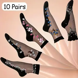 10 Pairs Of Brightly Colored Floral Patterned Glass Stockings Soft Breathable Comfortable Mid Tube Stockings For Women Pink Sock Thighhighsocks Ideal For Casual Attire Work Or Special Occasions Womenswear