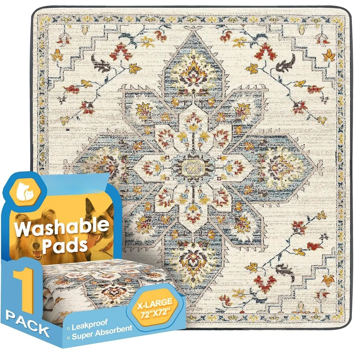 Washable Pee Pad for Dogs , 72" x 72"  Puppy Pads   Rugs, Super Absorbent, Leakproof,  Crate Pad, Playpen Mat, Whelping Pads, White Medallion