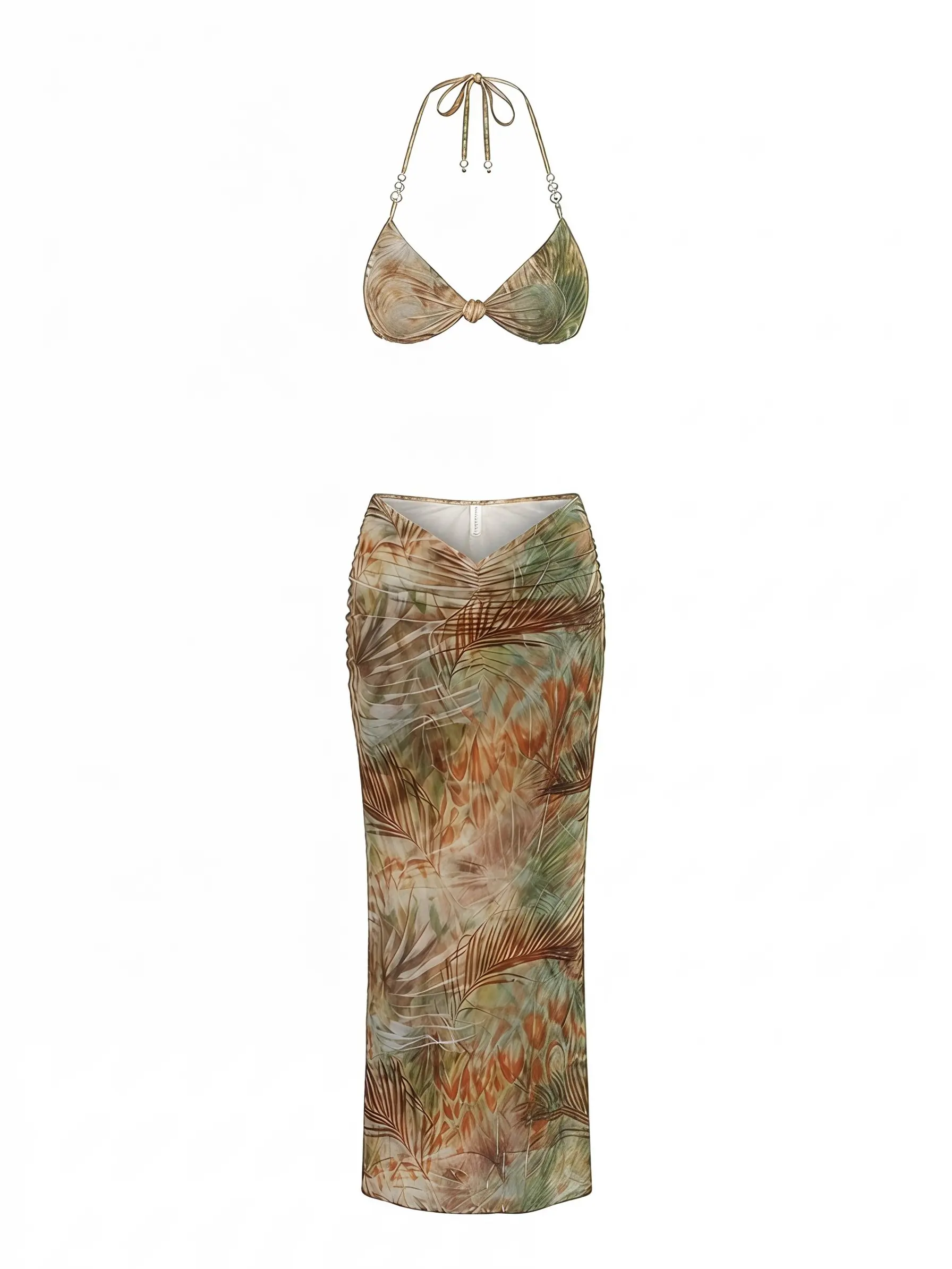 【No Pearl Accessories】DealsForYouDays Floral Print Bikini With Backless Pearl Knot Criss-Cross Swimsuit And Mesh Skirt, Summer
