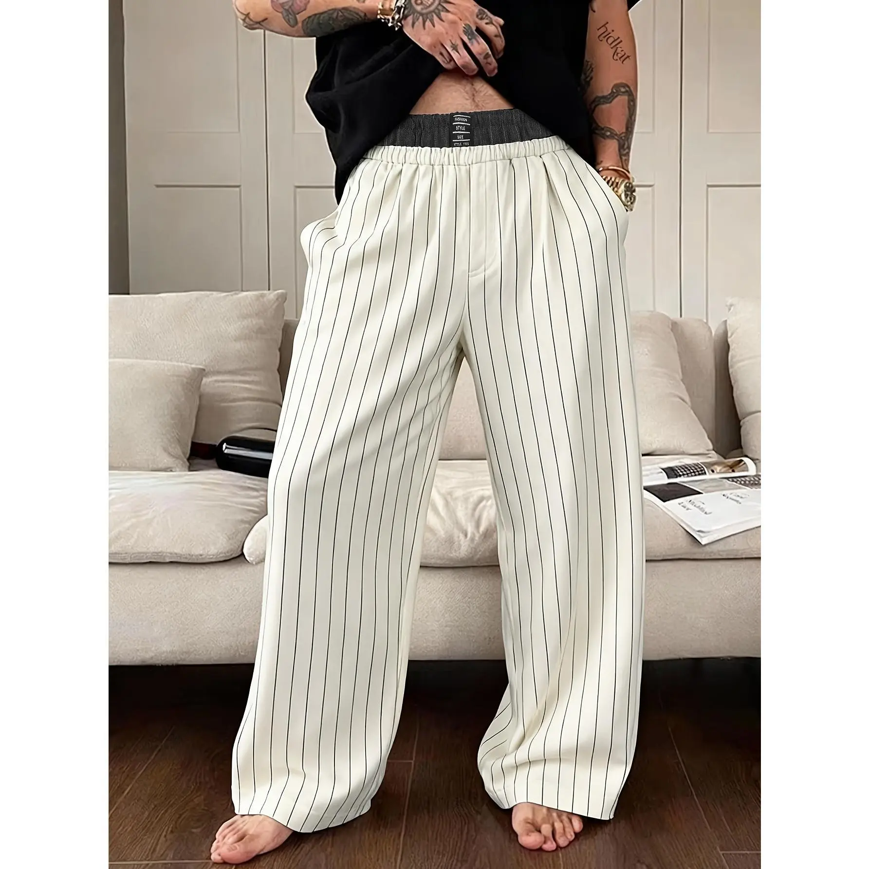 Men's milky white pants, synthetic two-piece double layered wide leg pants, loose waist, color blocked striped embroidery with pockets, lightweight business casual wear for all seasons | SummerVibes