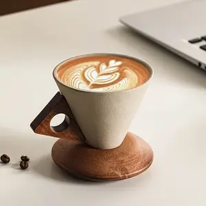 Two-piece set (cup + coaster) 8.45/6 (oz) chunky ceramic handmade coffee mug with large spout, funnel shape and real wood handle and wooden coaster, suitable for high-end home office cafes, can be used as a gift