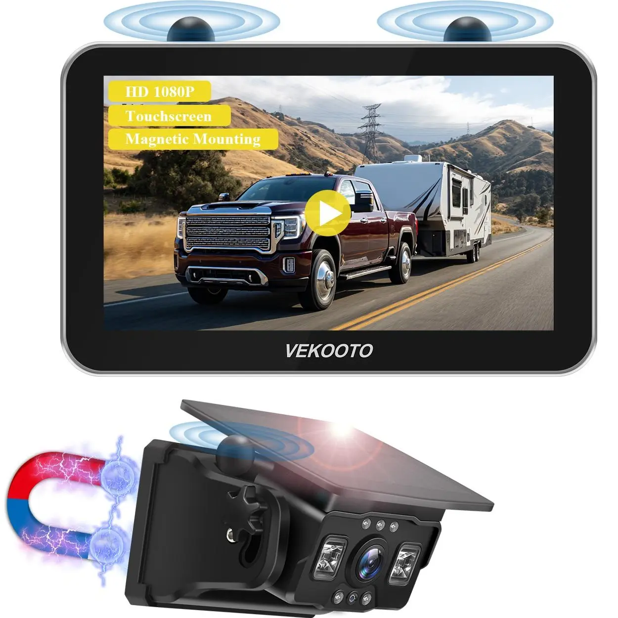 VEKOOTO VK7 Pro Magnetic Solar Wireless Backup Camera, 7'' IPS Touchscreen Monitor HD1080P No Wiring 15,800mAh Rechargeable Camera System for Hitching Gooseneck Horse Trailer RV Camper Car Truck Farmer