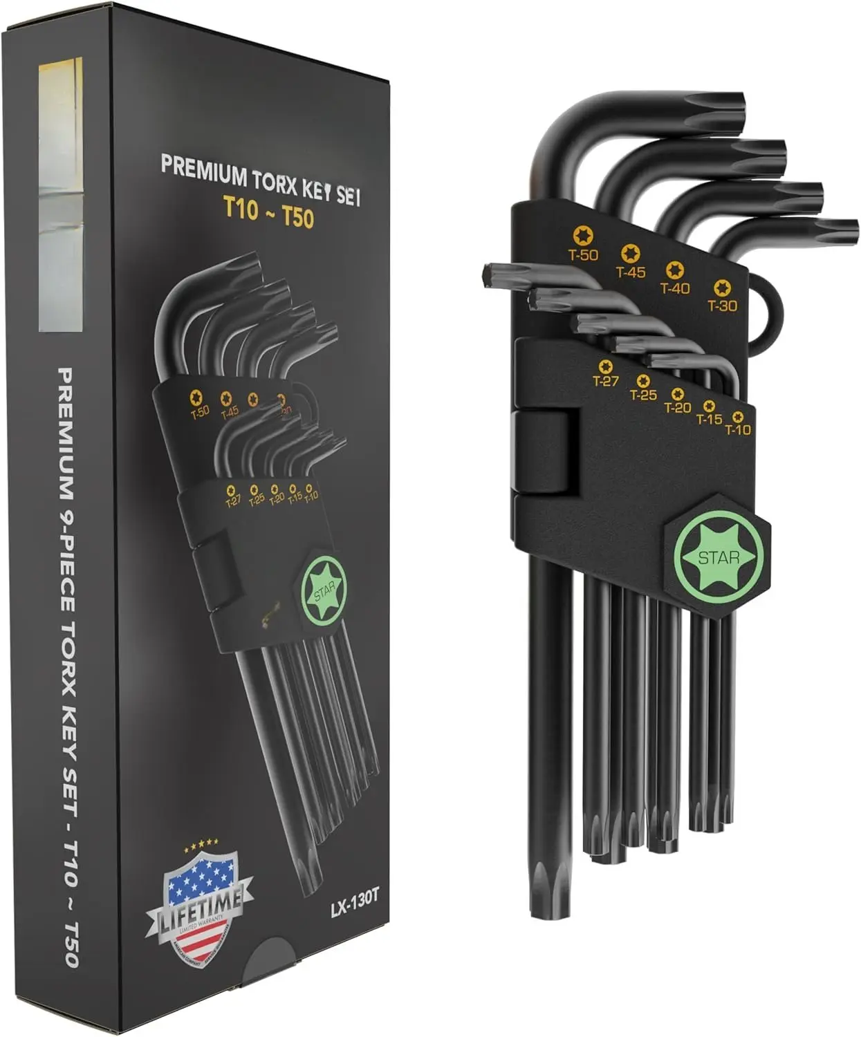 Torx Wrench Set, 9-   , L-Shaped Long Arm Design, Sizes T10 to T50, Industrial-Grade S2 Alloy Steel (LX-130T)