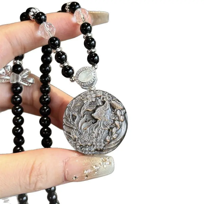 Silver Obsidian Nine-Tailed Fox Necklace | Ward Off Evil and Protect the Home | Auspiciousness and Power | Love and Marriage | Good Luck and Popularity | Wisdom and Spirituality