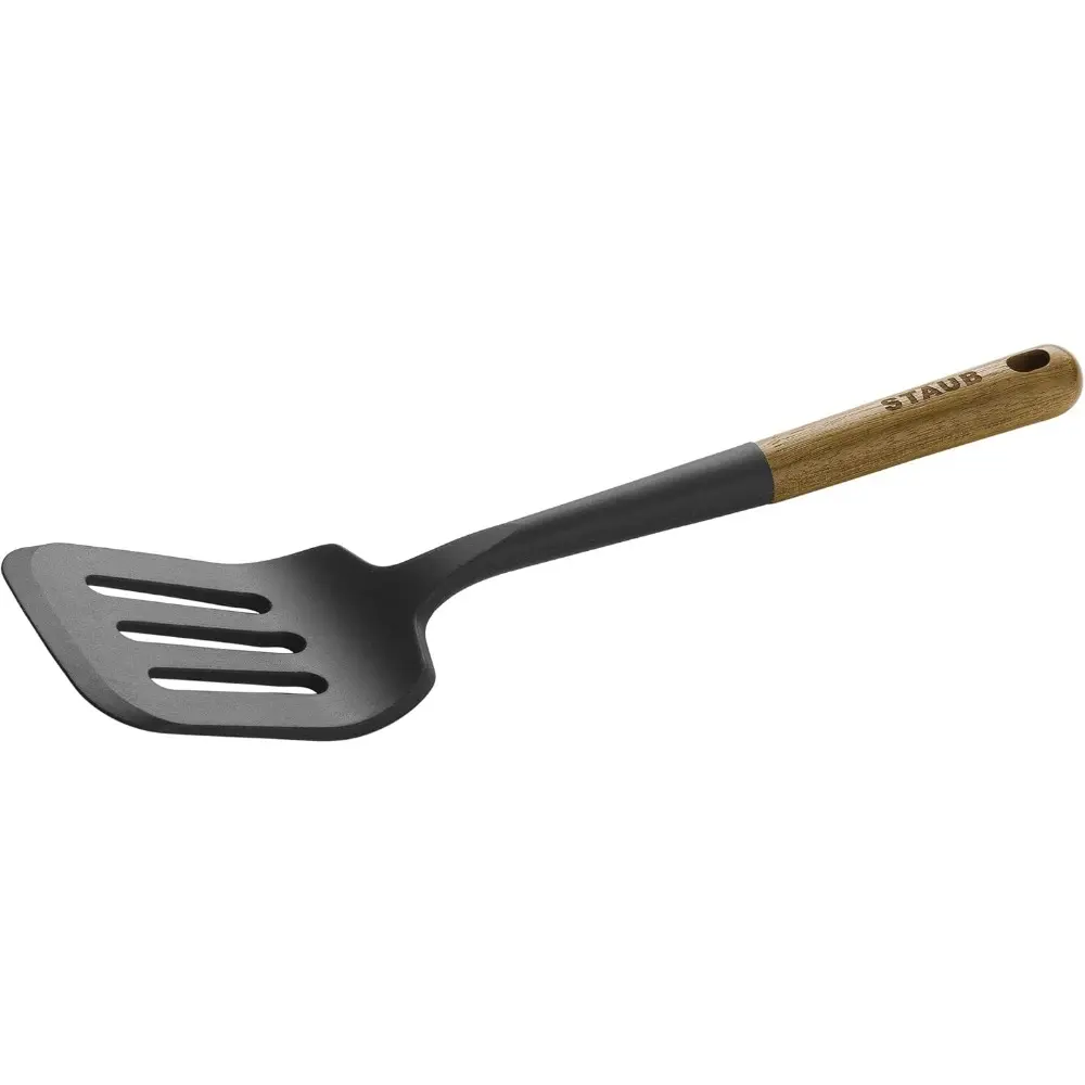 Silicone Spatula Turner - Angled BPA-Free Matte Black Silicone Cooking Utensil with Wooden Acacia Handle, Hanging Loop, Scratchproof for Nonstick Surfaces, Hand Wash Recommended, Ideal Hostess Gift (Lifts Pancakes), Unique Handle