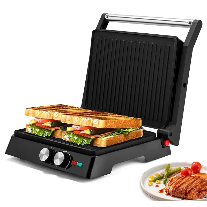 SUSTEAS 1500W Power Indoor Electric Grill - Dual-Side Cook Panini Press with 180° Adjustability, Stainless Steel Griddle, Knob Control, Non-Slip Design, Quick Cooking, 11.35 x 9.25 Inch, Multi-Purpose for Steaks, Sandwiches, Adjustable Bbq Grill, 180° Bur