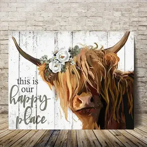 Highland cow canvas, "This Is Our Happy Place," framed canvas oil painting, pine frame, cow pattern, hand-painted artwork, decorative artwork, perfect gift for vintage country home and office décor.
