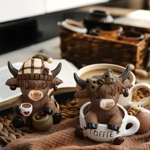Scottish Highland Cow Statue Hand-Painted Tartan Hat & Coffee Cup, Collector's Item for Cow Lovers, Christmas Halloween Easter Gift