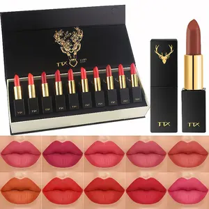 10Pcs Black Gold Elk Lipstick Set Long Lasting Matte Makeup Moisturizing Misty Lip Tint Non Fading Non Stick Cup Waterproof Lip Glossy Suitable For Beginner