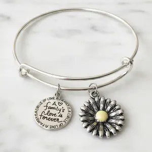 Sunflower A Families Love is Forever Adjustable Charm Bracelet Expandable Silver Bangle One Size Fits All Gift