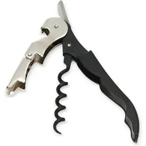 Wine waiter's corkscrew, with foil cutter and bottle cap opener, 5 inches long, stainless steel/black.